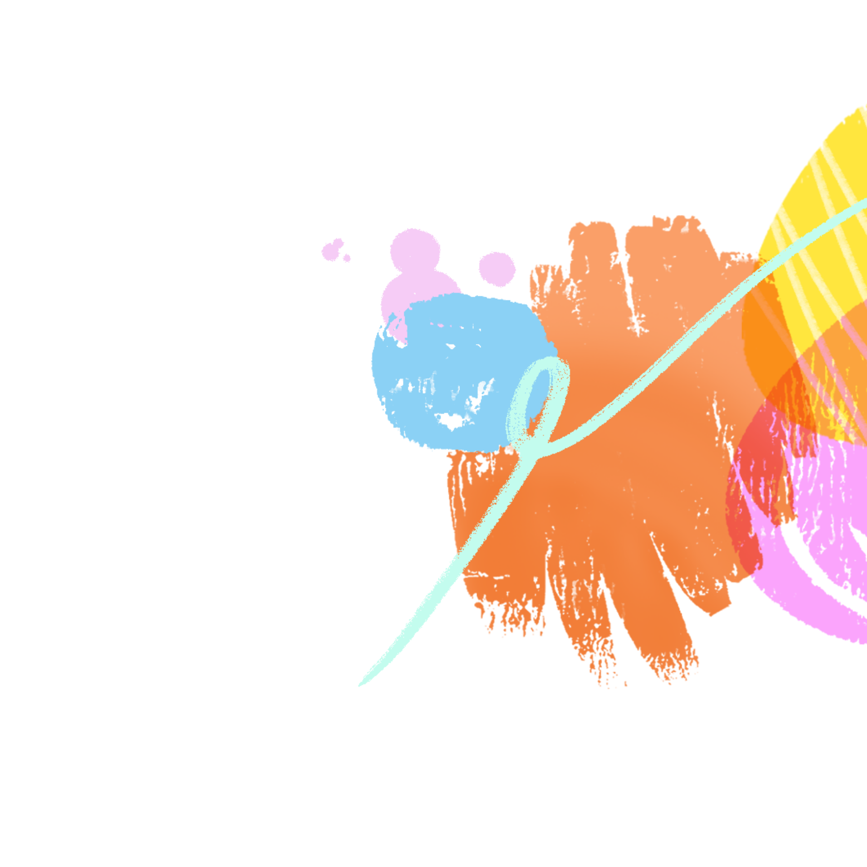 Abstract digital artwork featuring colorful paint strokes in orange, blue, pink, and yellow with a light aqua curved line on a white background.