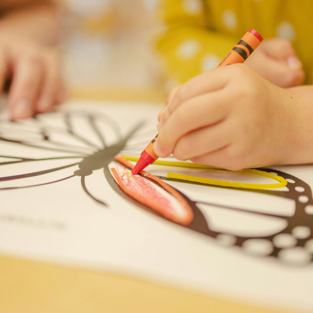 A child colors a butterfly drawing with a red crayon while wearing a yellow polka dot shirt.