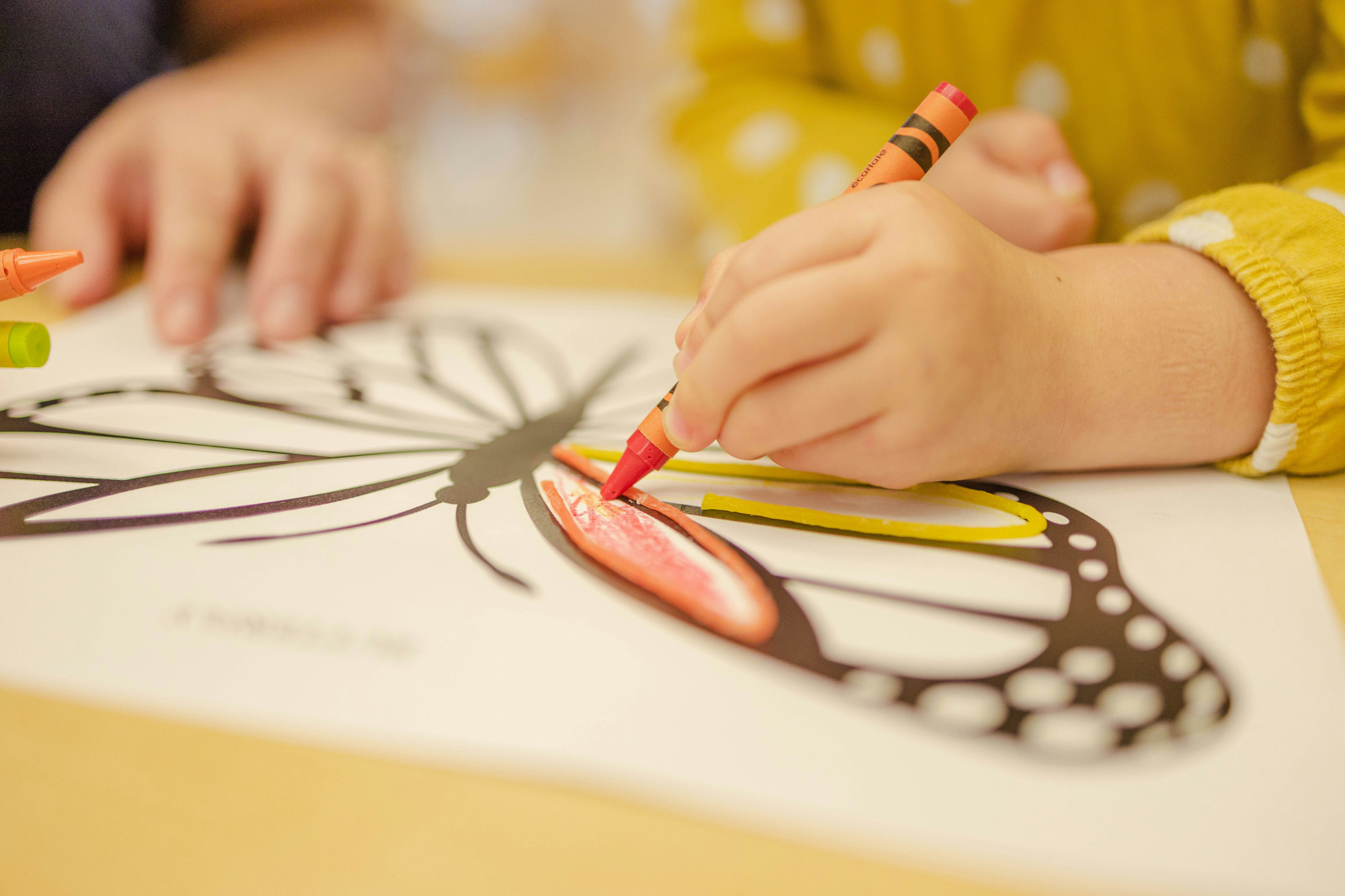A child colors a butterfly drawing with a red crayon while wearing a yellow polka dot shirt.